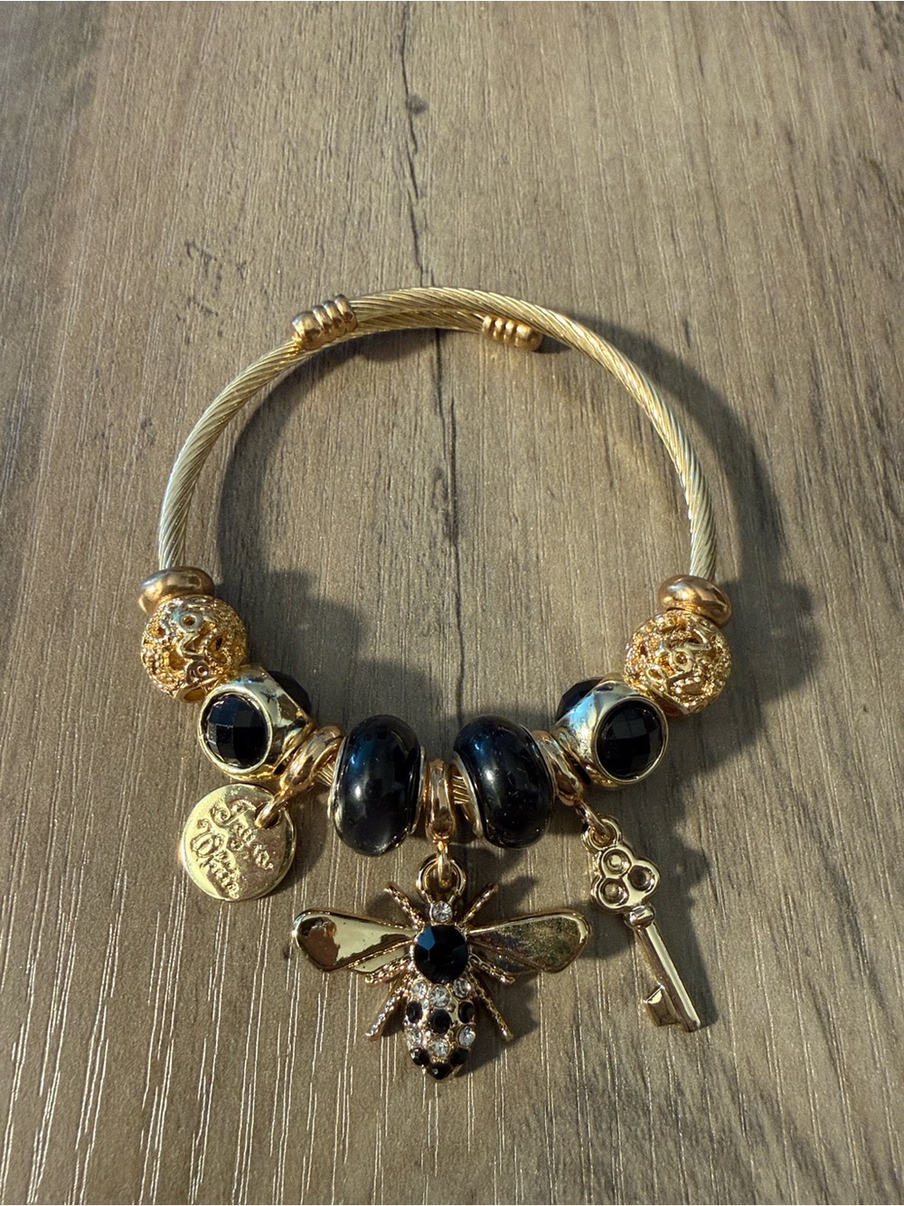 Gold Tone Black Bead Bee Charm Bracelet - Women Jewelry